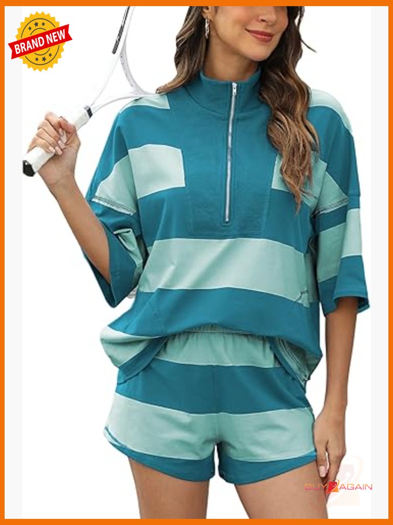 Women's 2 Piece Striped Workout Set Oversized Zip Up Tee And Wide Leg Shorts
